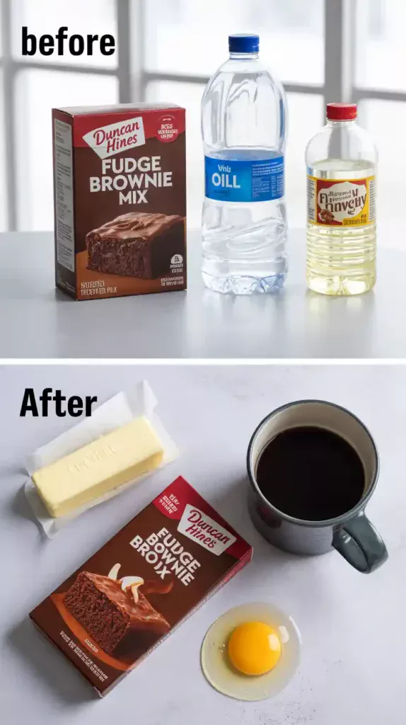 A collage comparing the standard brownie mix ingredients (water, oil) with the upgrade ingredients (butter, coffee, extra egg yolk).