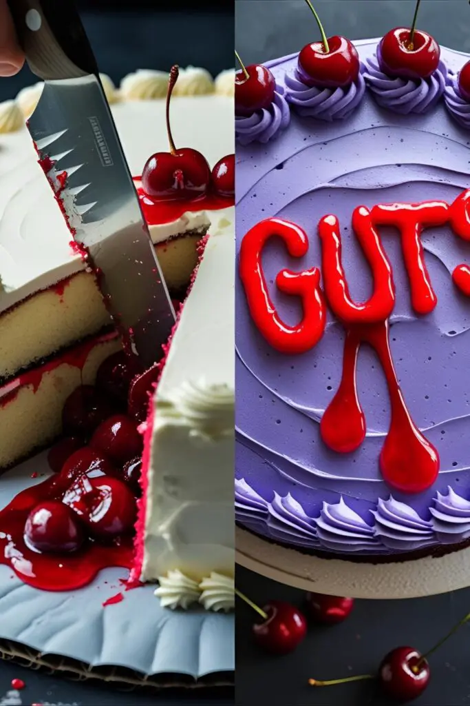 Two images showing the "bleeding" effect of the cake filling and a finished "GUTS" themed cake variant.