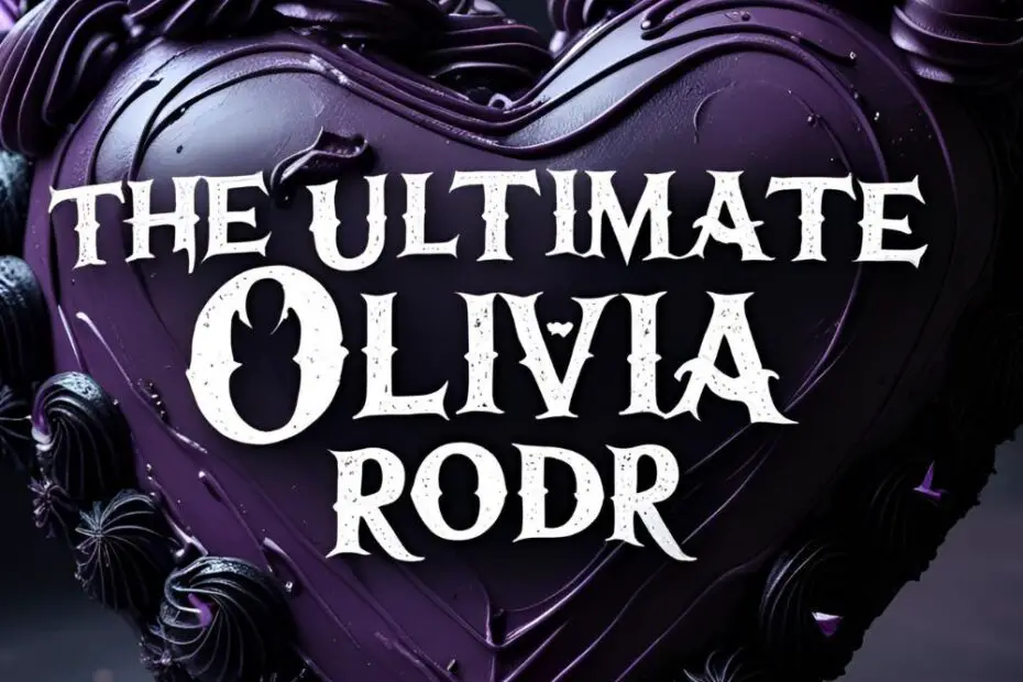 A moody purple and black heart-shaped cake with butterflies and the text overlay "The Ultimate Olivia Rodrigo Cake".