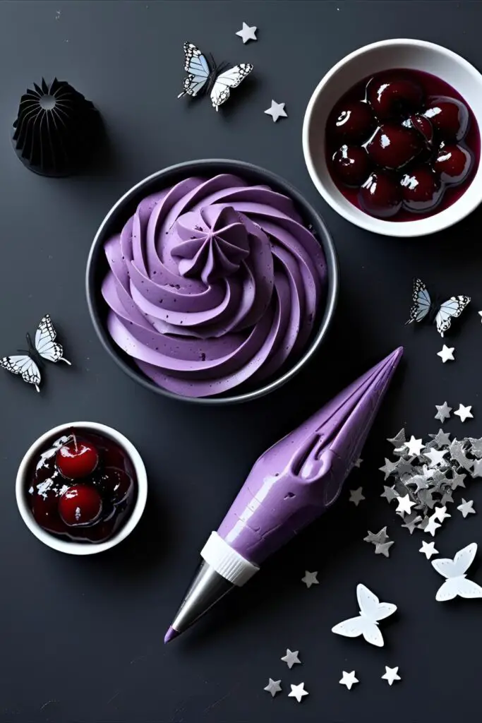 A collage of ingredients and decorations for an Olivia Rodrigo cake, including purple frosting, cherry filling, and edible butterflies.