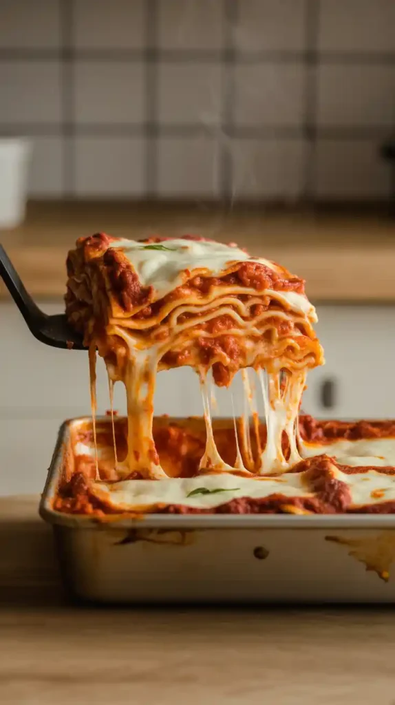 "A close-up of a spatula lifting a slice of lasagna from its tray, creating a long, gooey cheese pull."