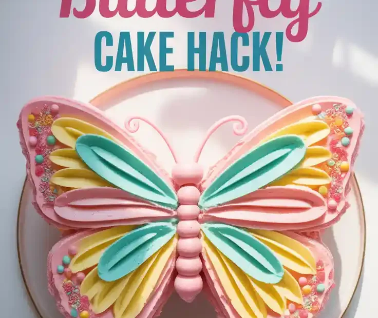 A Pinterest pin with the text "The Easiest Butterfly Cake HACK!" over a photo of a colorful, finished butterfly-shaped birthday cake.