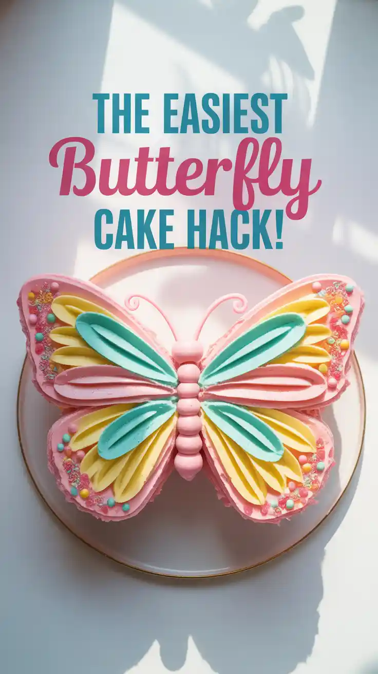 A Pinterest pin with the text "The Easiest Butterfly Cake HACK!" over a photo of a colorful, finished butterfly-shaped birthday cake.
