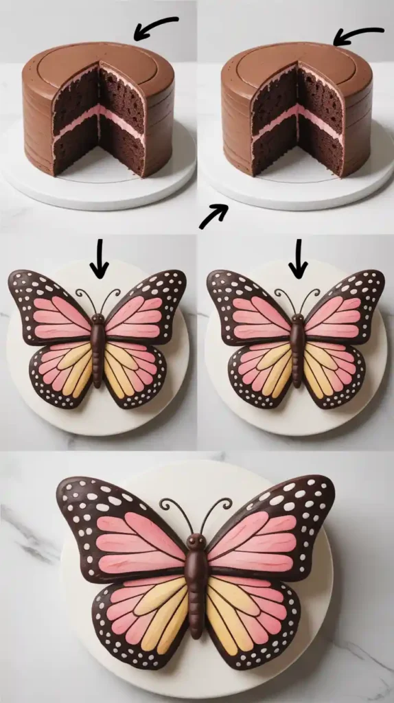 A collage showing the three steps to create a butterfly cake shape: a round cake, the cake cut in half, and the halves rearranged into wings.