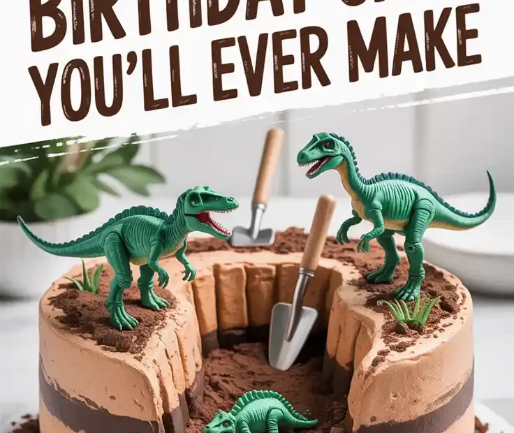 A Pinterest pin with the text "The Coolest Birthday Cake You'll Ever Make" over a photo of a fun and interactive dinosaur dig site birthday cake.