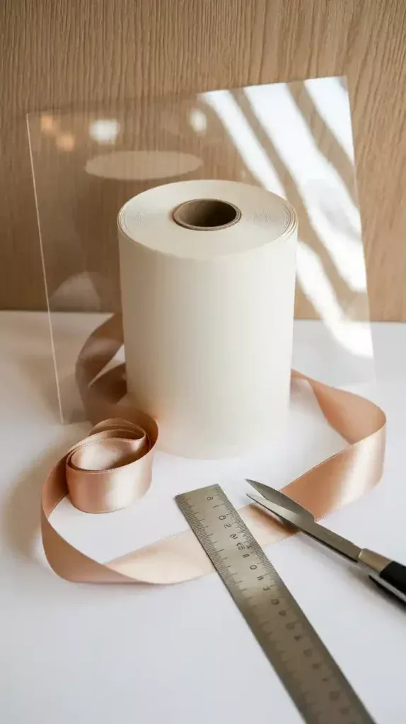 A flat lay of supplies for making a DIY cake box, including cardstock, a ruler, a craft knife, and ribbon on a wood background.