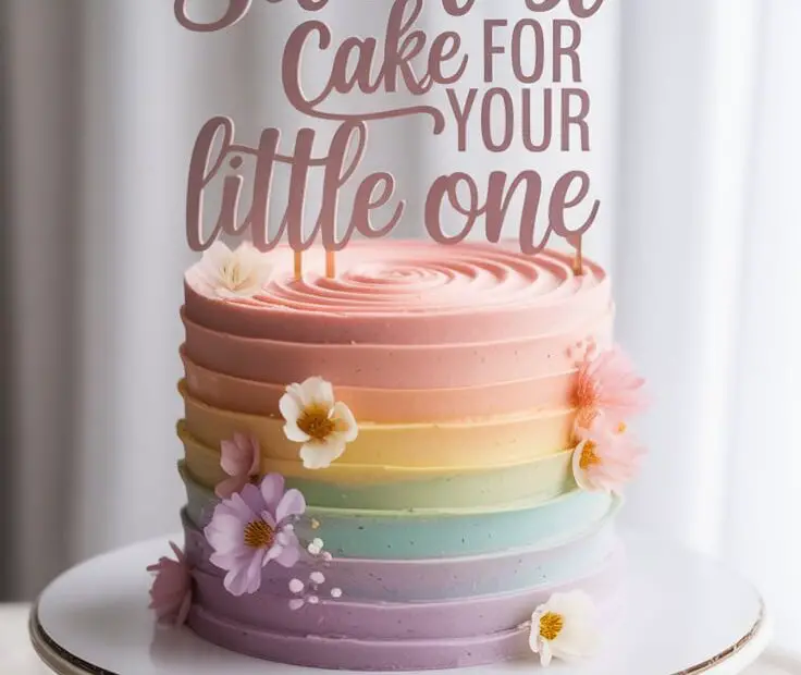 A Pinterest pin with the text "The Sweetest Cake for Your Little One" over a photo of a dreamy, pastel-colored birthday cake