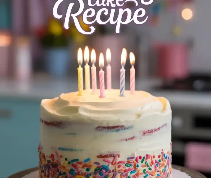 A beautiful homemade funfetti birthday cake with lit candles and the text "Happy Birthday Cake Recipe" overlaid.