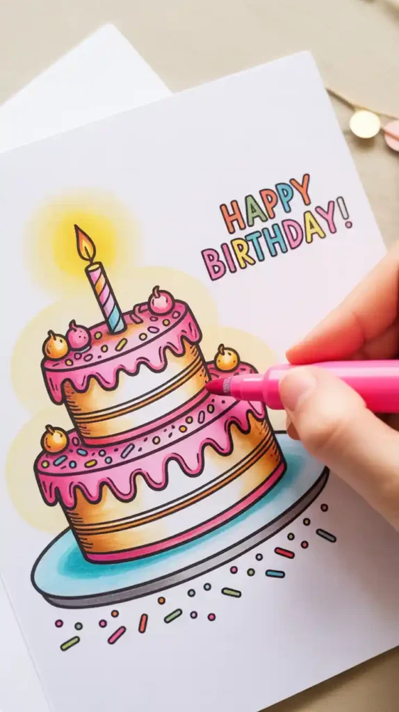 "A close-up of a hand using a pink marker to color in a birthday cake illustration, showing the creative process."