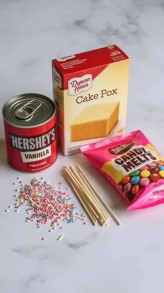 A flat lay of the ingredients needed to make cake pops, including cake mix, frosting, candy melts, and lollipop sticks.