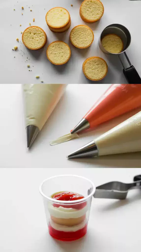 A collage showing the process of making cake to go cups: cutting cake circles, preparing fillings, and layering them in a cup.