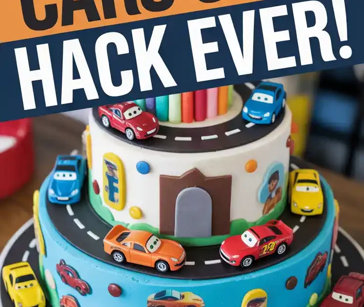 A Pinterest pin with the text "The Easiest Cars Cake HACK Ever!" over a photo of a fun, racetrack-themed birthday cake.