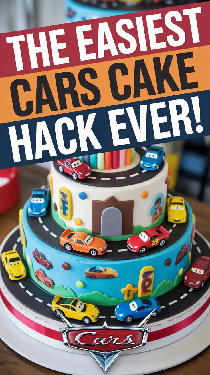 A Pinterest pin with the text "The Easiest Cars Cake HACK Ever!" over a photo of a fun, racetrack-themed birthday cake.