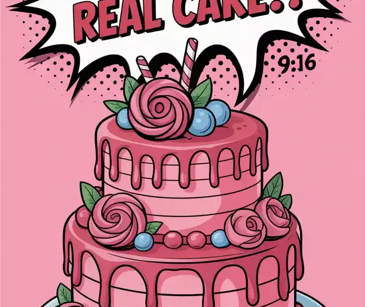 A Pinterest pin with the text "Is This a Real Cake?!" over a photo of a cake decorated to look like a 2D cartoon.