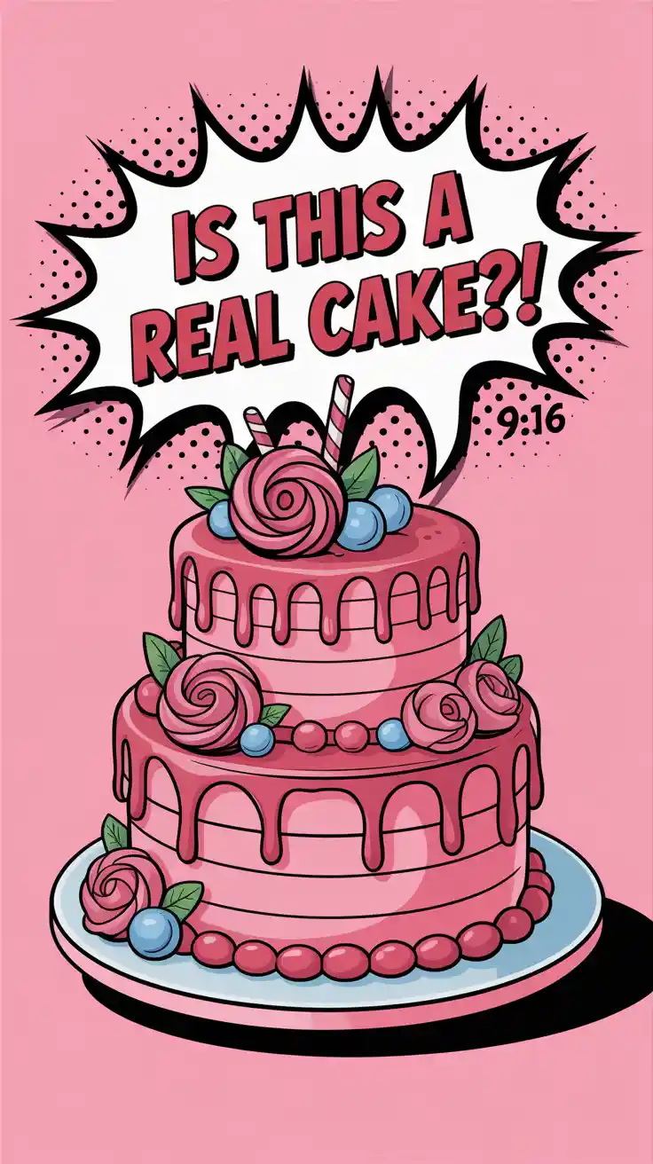 A Pinterest pin with the text "Is This a Real Cake?!" over a photo of a cake decorated to look like a 2D cartoon.