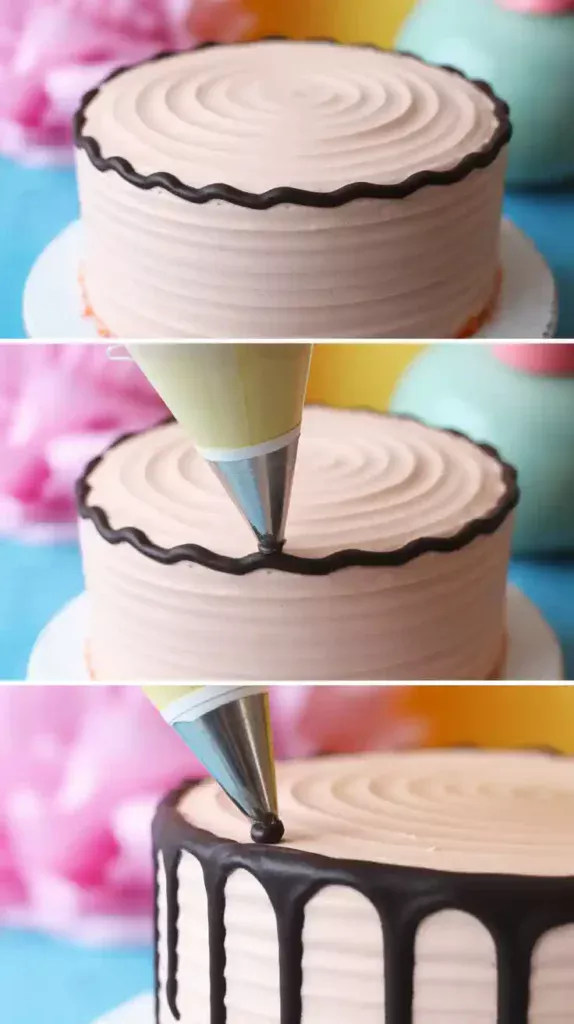 A collage showing the process of making a cartoon cake: a smooth frosted cake, applying the black outlines, and adding the white highlights.