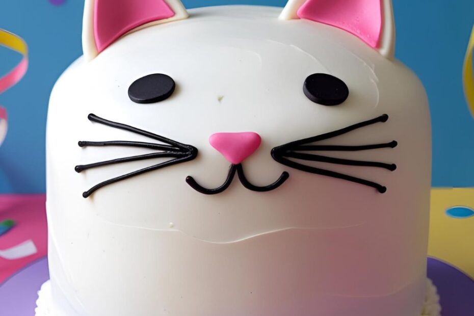 A Pinterest pin with the text "Easy Cat Birthday Cake Tutorial" over an image of a cute, decorated cake that looks like a cat's face.