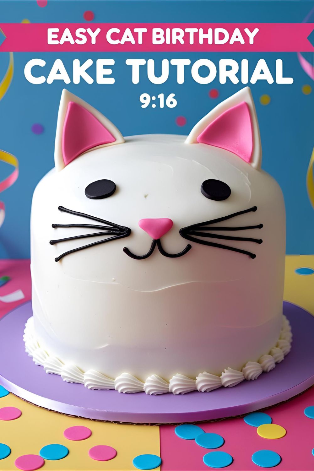 A Pinterest pin with the text "Easy Cat Birthday Cake Tutorial" over an image of a cute, decorated cake that looks like a cat's face.