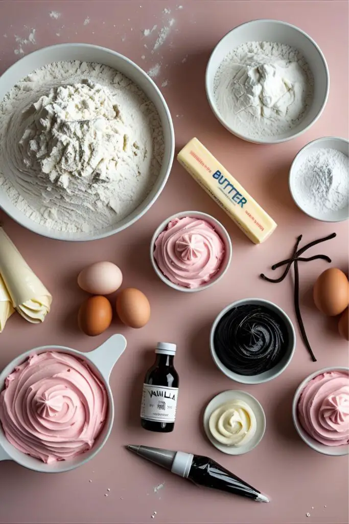 A flat lay image showing the ingredients for a cat birthday cake, including flour, butter, eggs, and bowls of colored frosting.