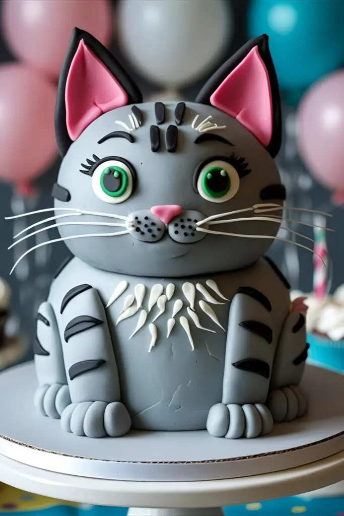  "A complete, fully decorated birthday cake that looks like a grey tabby cat on a cake stand."
