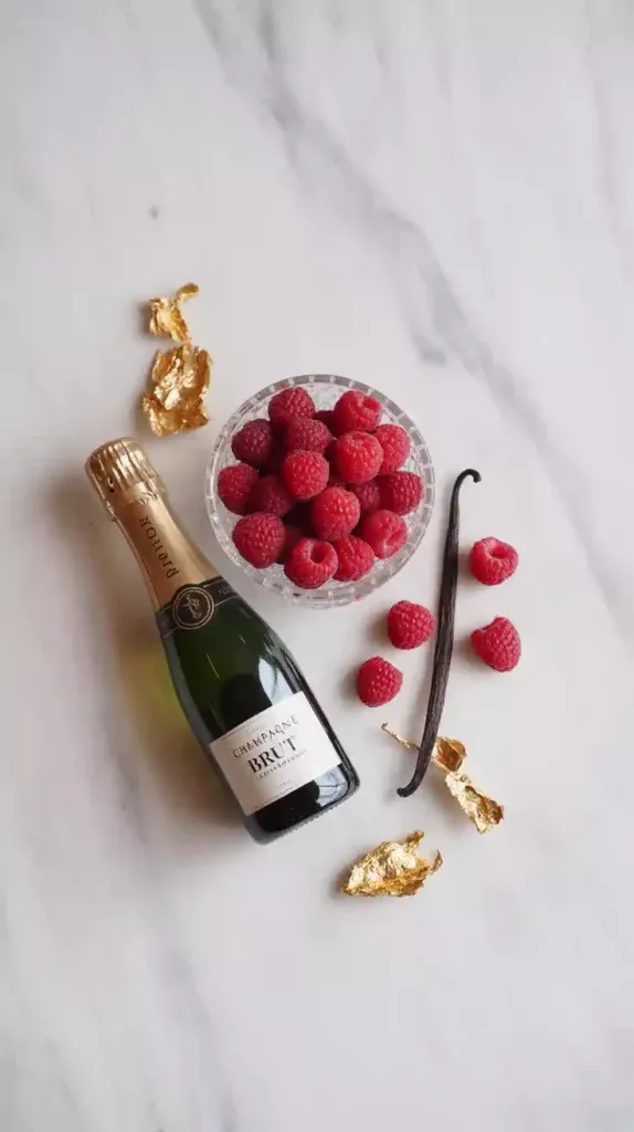 A flat lay collage showing the key ingredients for a champagne and raspberry cake: a bottle of champagne, fresh raspberries, and gold leaf.
