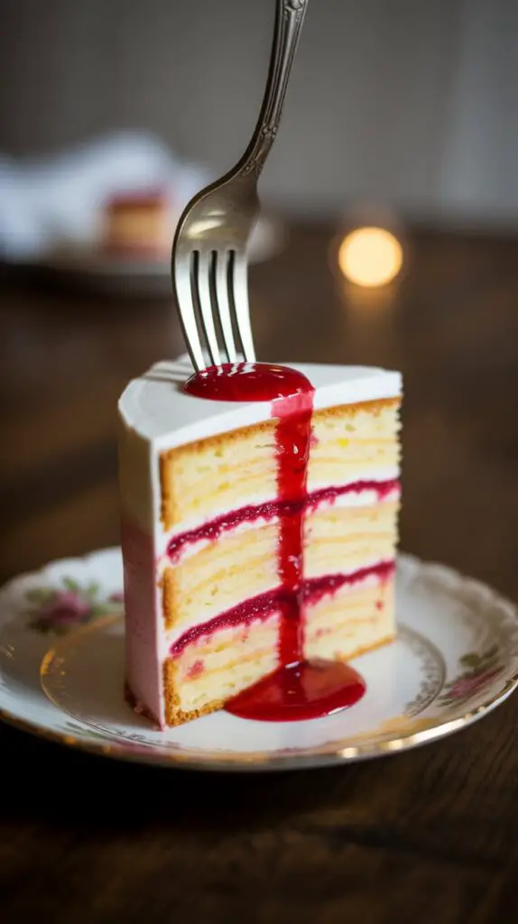 A close-up image of a slice of champagne and raspberry cake, showing the colorful layers and vibrant filling."
