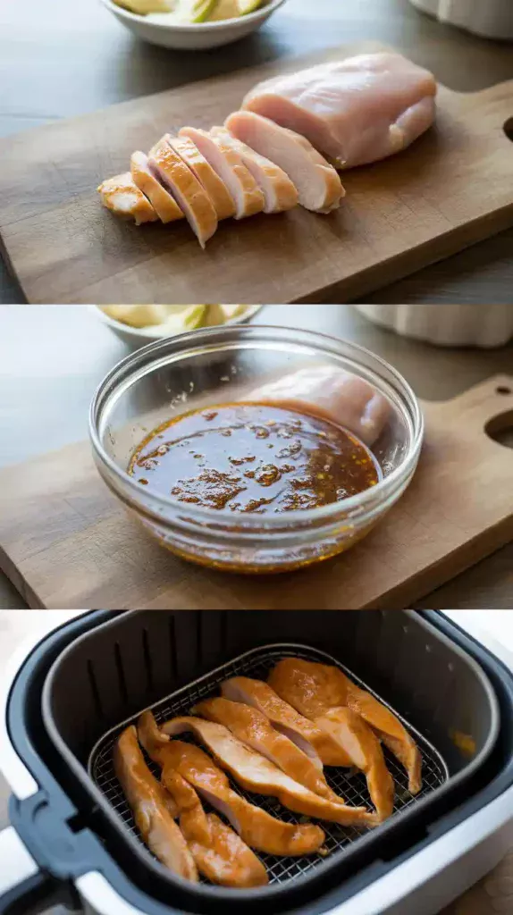A collage showing the process of making chicken jerky: slicing the chicken, marinating it, and laying it in the air fryer basket.