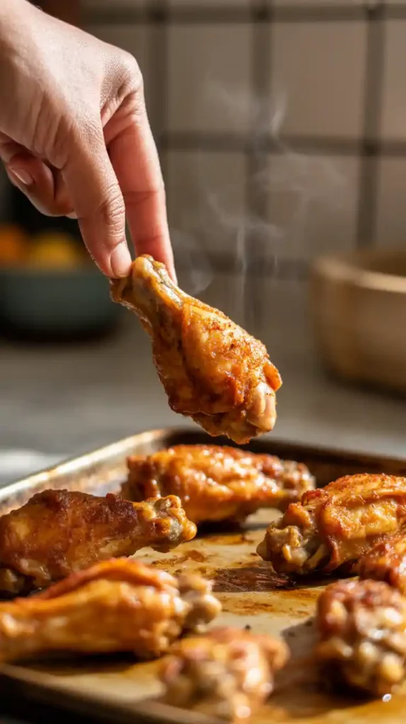 A close-up of a hand picking up a perfectly cooked, crispy chicken wing from a baking sheet just out of the oven."