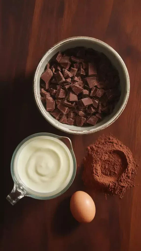 A flat lay of ingredients for a choco truffle cake, including chopped dark chocolate, heavy cream, and cocoa powder on a dark wood background.