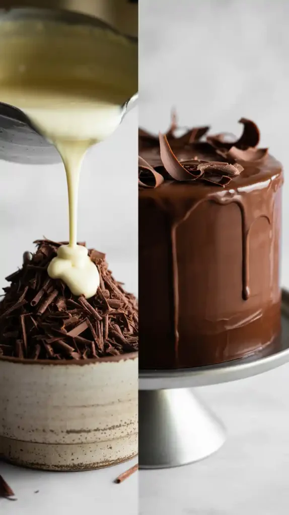  A side-by-side image showing the making of chocolate ganache and the finished, glossy choco truffle cake decorated with chocolate shavings.