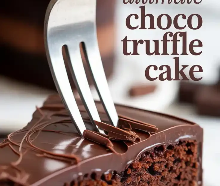 A Pinterest pin showing a fork cutting into a rich slice of choco truffle cake with text that reads "The Ultimate Choco Truffle Cake."