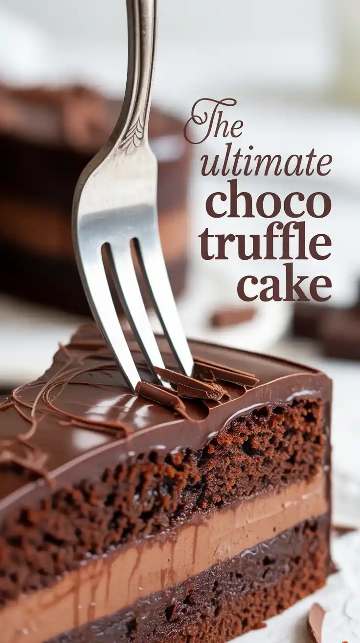 A Pinterest pin showing a fork cutting into a rich slice of choco truffle cake with text that reads "The Ultimate Choco Truffle Cake."