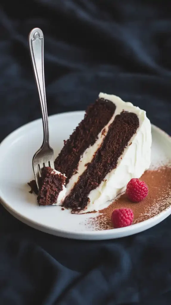 A close-up photo of a slice of moist, dark chocolate stout cake with a thick layer of cream cheese frosting.