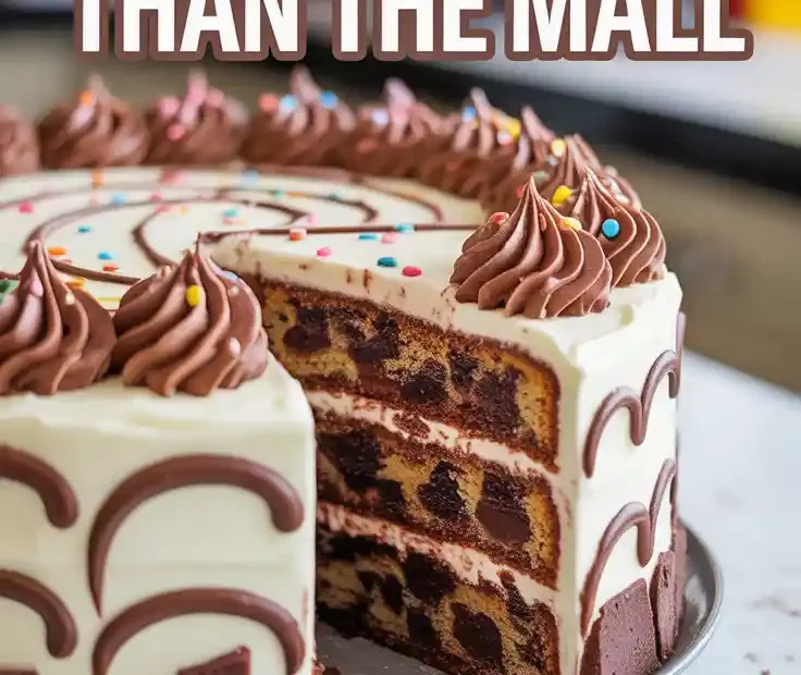 A Pinterest pin with the text "Way Better Than the Mall" over a photo of a delicious, homemade chocolate chip cookie cake.