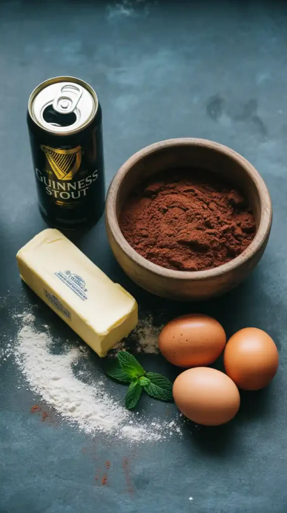 A flat lay of ingredients for a chocolate stout cake, including Guinness, cocoa powder, cream cheese, and butter.
