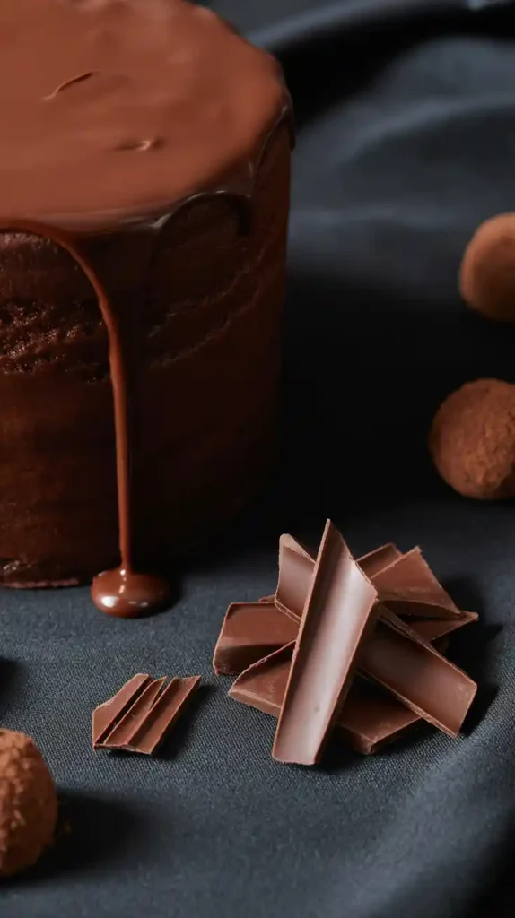 A collage showing three different chocolate truffle cake design ideas: a chocolate drip, chocolate shards, and homemade truffles