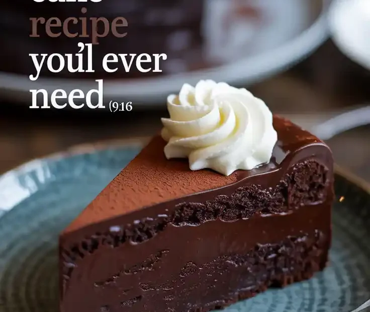 A Pinterest pin with the text "The Only Chocolate Cake Recipe You'll Ever Need" over a photo of a rich slice of chocolate truffle cake.