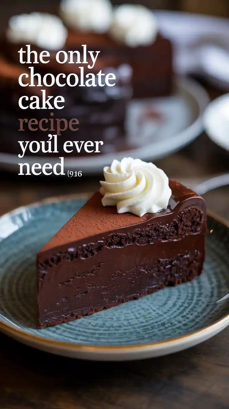 A Pinterest pin with the text "The Only Chocolate Cake Recipe You'll Ever Need" over a photo of a rich slice of chocolate truffle cake.