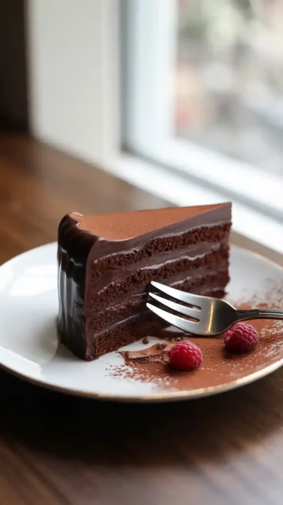 A close-up image of a slice of chocolate truffle cake, showing the rich layers of cake and ganache."