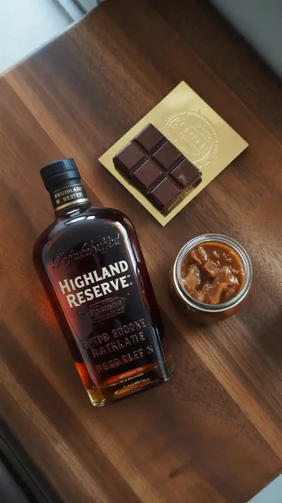 A flat lay collage showing the key ingredients for a man's birthday cake: a bottle of whiskey, dark chocolate, and salted caramel.