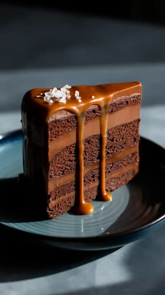 "A complete, rustic chocolate whiskey cake with a dramatic salted caramel drip on a dark cake stand." and "A close-up image of a slice of chocolate whiskey cake, showing the rich layers and gooey salted caramel filling."