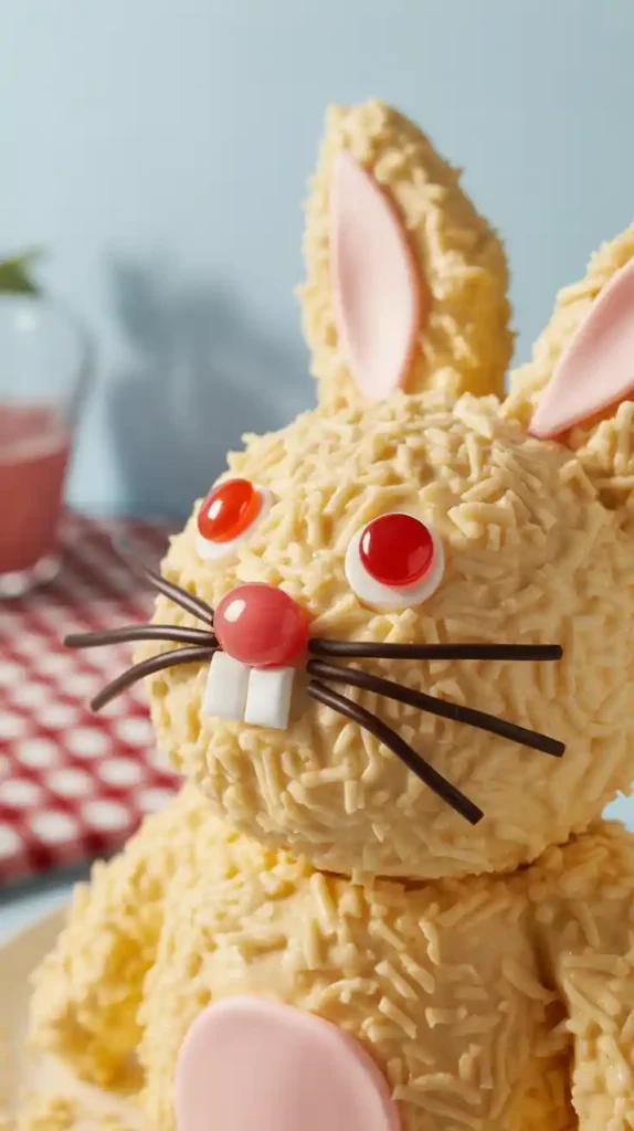 A close-up image showing the cute jelly bean and licorice face details on a coconut Easter bunny cake."