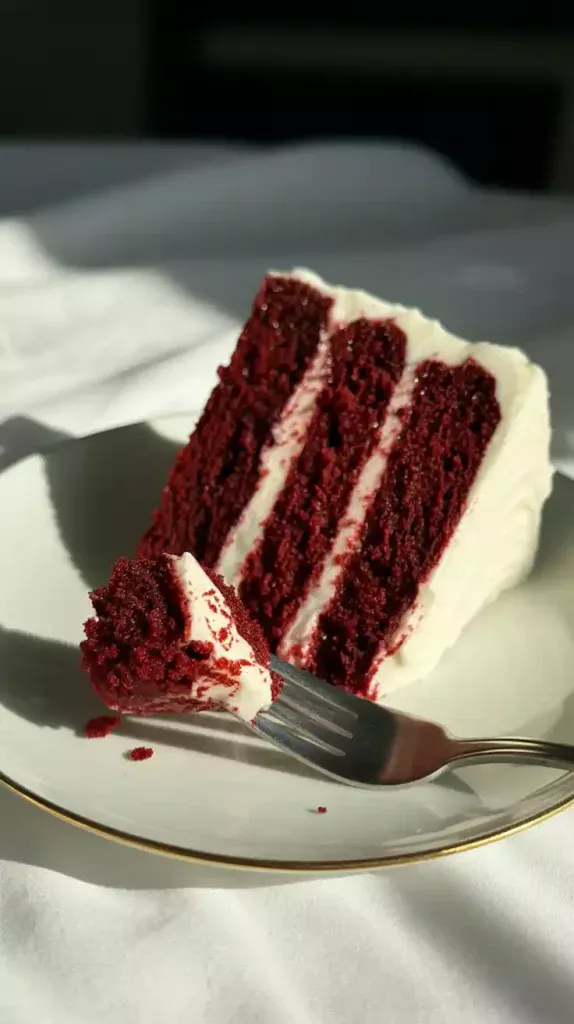 "A close-up of a perfect slice of red velvet cake, showing the vibrant red crumb and thick layers of white cream cheese frosting."