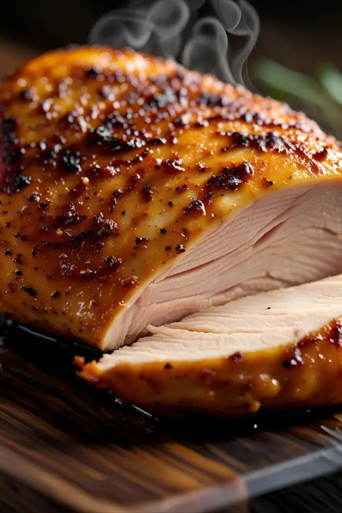 A detailed close-up of a sliced, golden-brown air fryer chicken breast on a wooden board. The image highlights the crispy seasoned skin and the glistening, juicy texture of the meat inside.