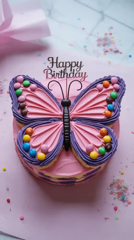 An overhead shot of a fully decorated, colorful butterfly birthday cake on a party background