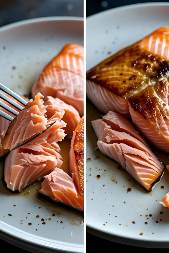 Two images showing cooked air fryer salmon; one is a close-up of the flaky texture, and the other shows a plated meal with asparagus.