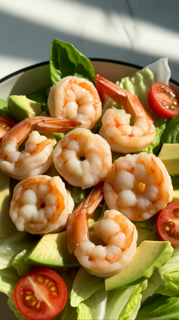 "A close-up image of a fresh salad topped with juicy, perfectly cooked air fryer shrimp."