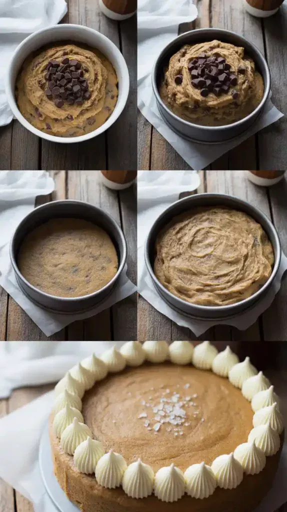 A collage showing the process of making a cookie cake: the raw dough, the dough pressed into a pan, and the final decorated cake.
