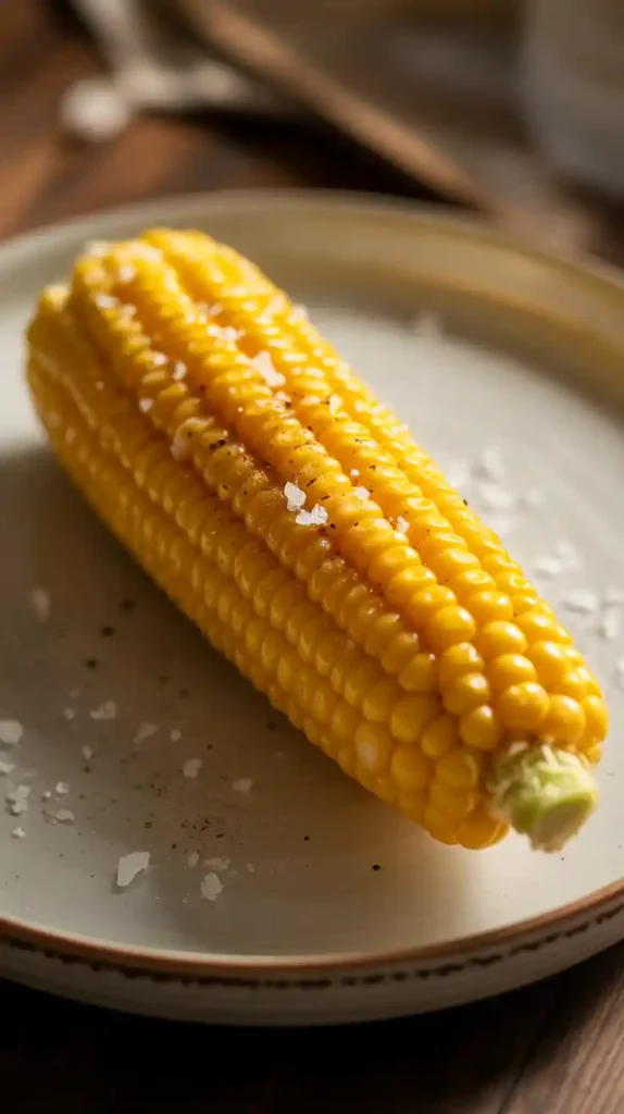 "A top-down view of four ears of corn with a golden-brown char inside an air fryer basket." and "A close-up image of a single ear of air-fried corn on the cob with butter melting over the kernels."