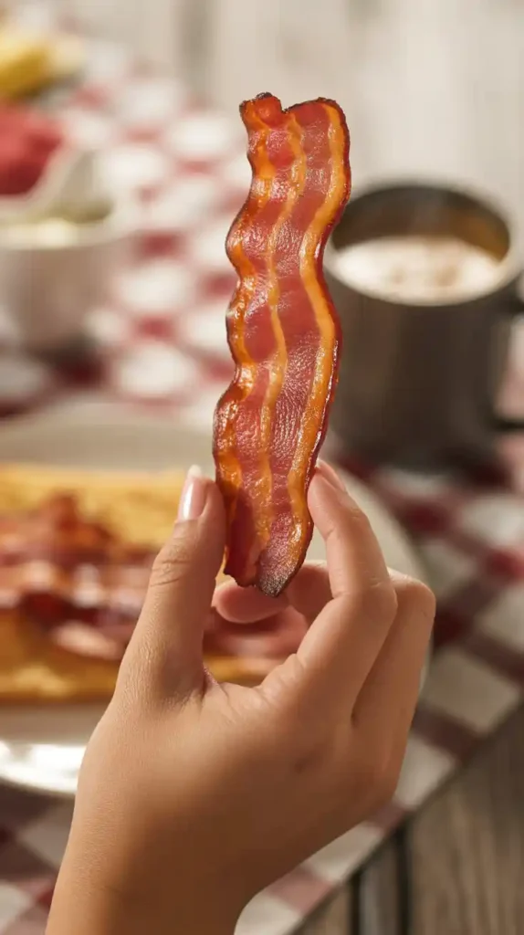 "A close-up image of a hand holding a single, perfectly crispy slice of air-fried bacon."